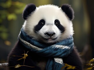 Obraz premium the AI Image Generator, Adorable Panda Wearing Scarf Amidst Bamboo