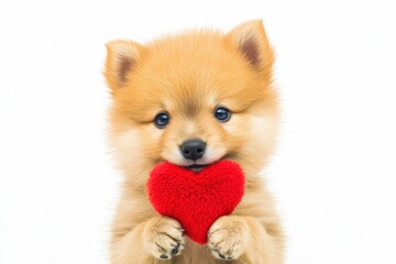 A fluffy puppy holding a red plush heart on a white background, symbolizing love, affection, and warmth, perfect for Valentine's Day and beyond