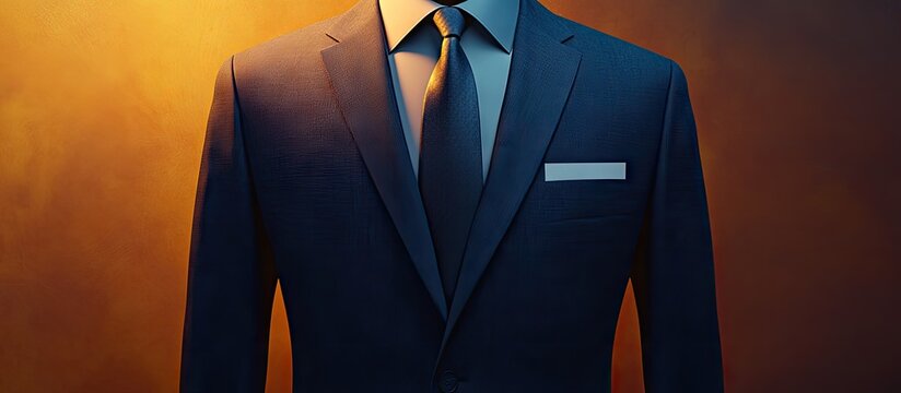 Tailored dark blue formal suit with a blank label and no front pocket against a warm orange background highlighting a professional business concept - Powered by Adobe