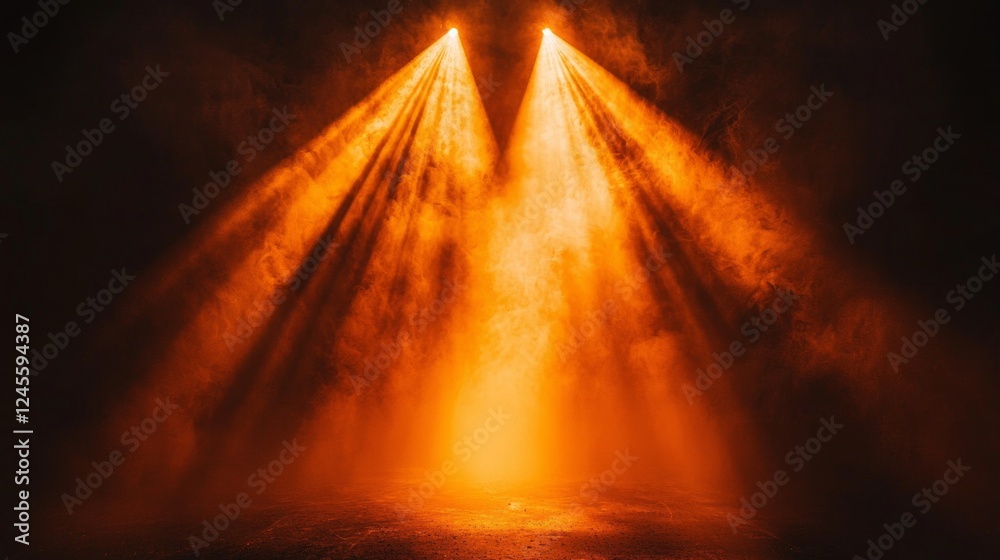Poster Vibrant orange beams cut through a dense layer of fog, creating an enchanting ambiance. This mesmerizing illumination captivates the viewer, enhancing any creative project
