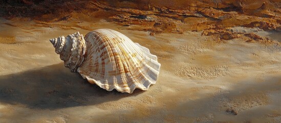 Textured seashell on sandy beach illuminated by warm sunlight creating a serene natural scene with soft beige and light brown tones