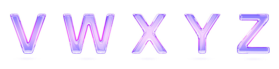 3d glass holographic liquid transparent font of alphabet letters v, w, x, y, z. Iridescent english type, isolated crystal text with purple pink gradient texture, realistic render set. 3D illustration © marozhkastudio