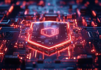 Obraz premium Abstract digital background featuring a glowing hexagon shield on a microchip, showcasing technology, cybersecurity, and futuristic design elements