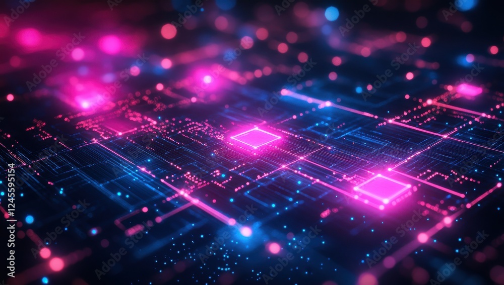 Poster abstract digital background with glowing pink and blue lights, circuit patterns, and high-tech visua