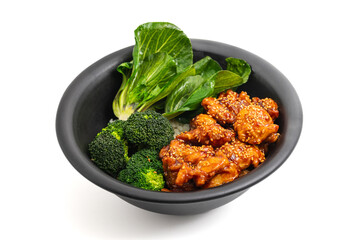 Teriyaki chicken bowl with broccoli and bok choy on white background