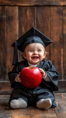 Happy baby in graduation gown holding apple.