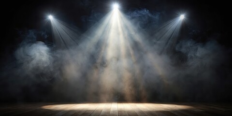 Dark stage with wooden floor illuminated by spotlights and atmospheric smoke