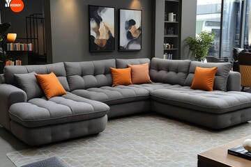 Modern L-shaped gray fabric sofa with hidden storage, chaise lounge, vibrant color accents, coffee table, bookshelf, and framed artwork in a cozy living room.