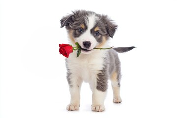 Fototapeta premium A fluffy puppy holding a red rose in its mouth on a white background, symbolizing love, romance, and affection, perfect for Valentine's Day and beyond