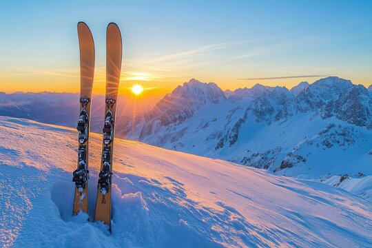 Majestic Mountain Sunrise with Ski Equipment.