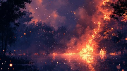 Naklejka premium A forest fire spreading towards a nearby clearing, with sparks flying through the air 