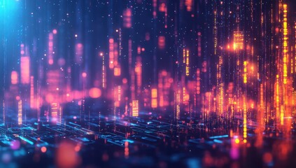 Obraz premium Abstract digital landscape with glowing orange and blue particles and lines, representing technology, data, and futuristic concepts in a vibrant environment