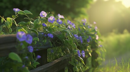 Purple Flowers On Rustic Fence At Sunrise