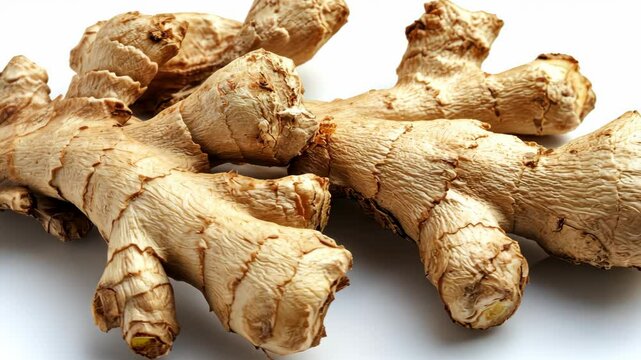 Fresh ginger roots shifting perspectives on white background
