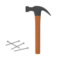 Vector illustration of hammer and nail on white background. A hammer is a repair tool used to drive nails.