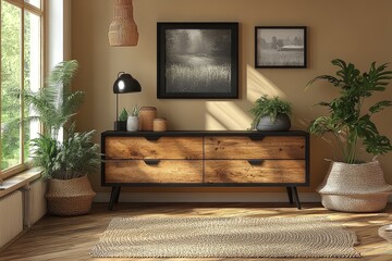 Modern oak and black sideboard with three drawers and one door on the right in a living room interior.