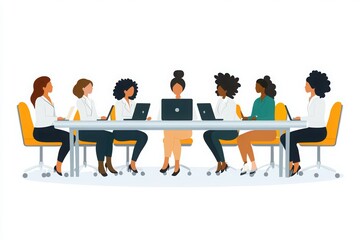 A diverse group of women seated around a conference table, engaged in discussion with laptops in a modern office setting.