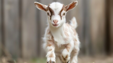 Adorable baby goat running, farm background, springtime