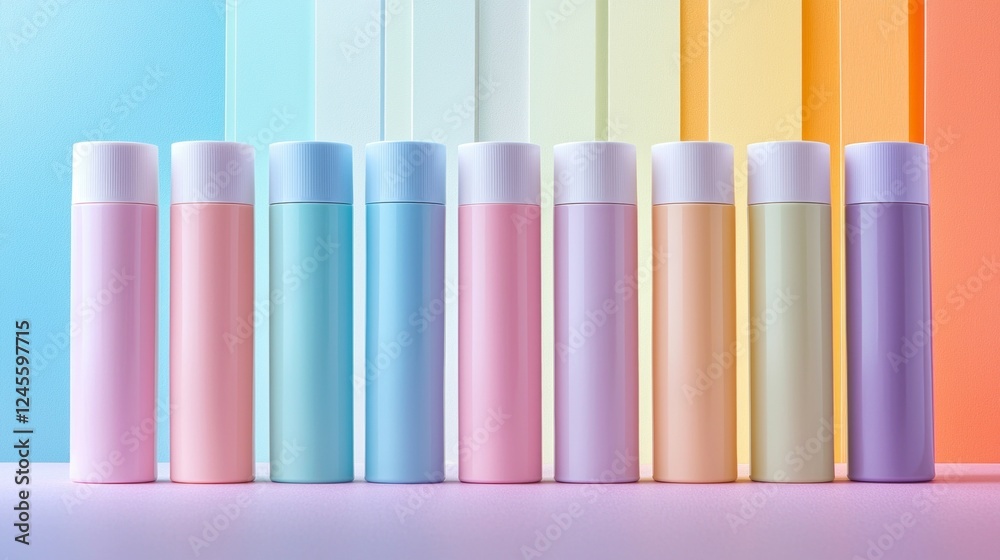 Poster A collection of sleek bottles in soft pastel hues lines up against a colorful backdrop. Each bottle exudes contemporary elegance, creating a soothing visual rhythm perfect for inspiring creativity