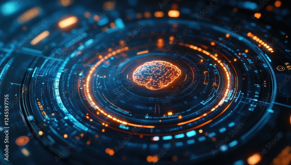 Poster abstract futuristic digital brain concept with glowing lines and circuits in a technology background