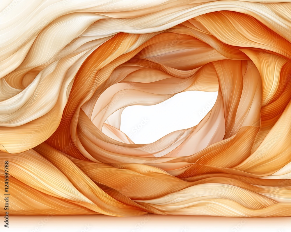 Poster abstract swirling fabric, orange and beige, creating a tunnel; design background