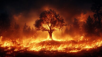 A lone tree standing amidst a burning forest, with flames surrounding it 