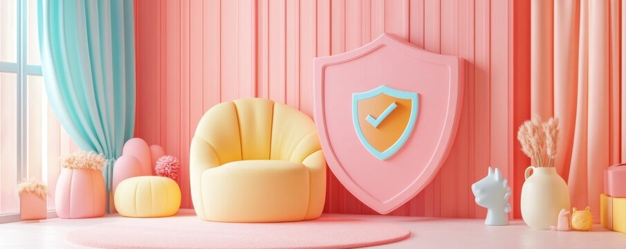 A cozy, pastel-colored room featuring a round chair, decorative shield on the wall, and playful accents, creating a cheerful and inviting atmosphere.