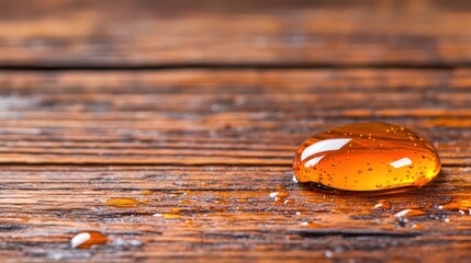 Amber liquid drop on wood background.