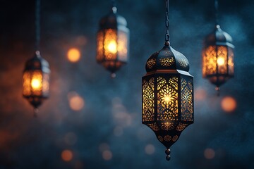 Illuminated lanterns hanging in smoky ambience.