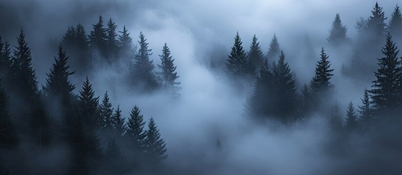 Thick fog blankets dark evergreen trees creating a smoky, mysterious atmosphere perfect for evoking intrigue in a sales event setting.