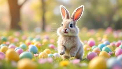 Cute Easter Bunny Hopping Through Colorful Eggs
