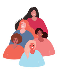Group of different women together. Abstract silhouettes of girls. Symbol of female power. Vector flat graphics.