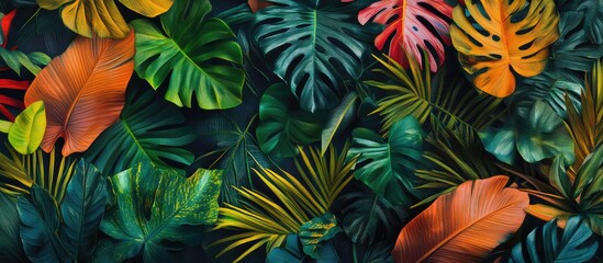 Naklejka premium Colorful tropical foliage featuring vibrant greens, oranges, and reds arranged in a lush, dense pattern creating a serene exotic jungle background.