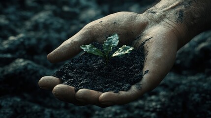 Farmer's hand holding young plant, rich soil, field background, environmental conservation
