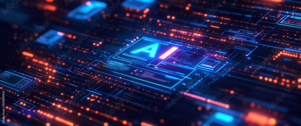 Poster abstract representation of artificial intelligence with glowing circuitry and data patterns showcasi