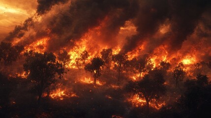 A scene of destruction with trees burning and smoke obscuring the horizon