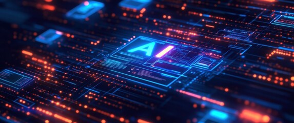 Obraz premium Abstract representation of artificial intelligence with glowing circuitry and data patterns showcasing technology innovation and digital transformation in vibrant colors