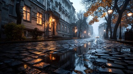 Fototapeta premium Rainy evening scene in a charming old city street with autumn foliage cobblestone pathway and reflected lights from street lamps and buildings creating a nostalgic melancholic and romantic atmosphere
