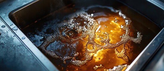 Grease trap with bubbling brown wastewater and oily residue in stainless steel sink, highlighting the separation of fats and fluids in industrial settings.