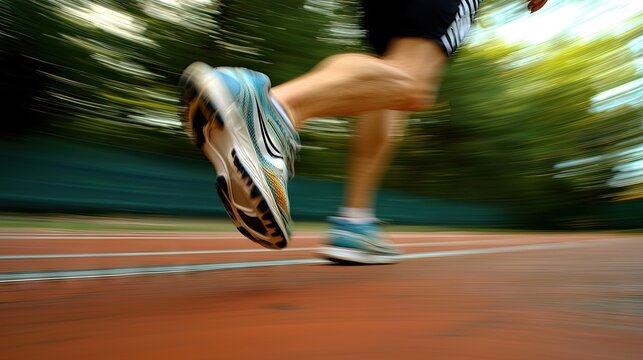 A runner&acirc;&euro;&trade;s feet in mid-stride, captured with motion blur on a track.
