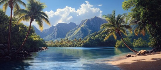 Tropical paradise featuring serene blue lagoon, lush green mountains in the background, vibrant palm trees on sandy shore under clear skies.