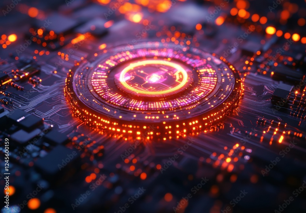 Poster abstract technology design with glowing circular shape and intricate patterns of electronic connecti