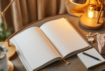 Fototapeta premium Elegant Blank Notebook on Desk with Warm Lighting