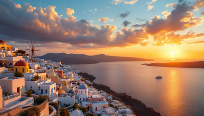 Fototapeta premium Stunning Santorini Sunset Aegean Sea Village Panorama