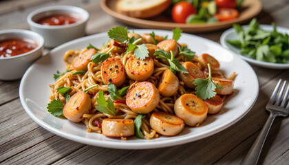 Plate of pasta with scallops and fresh herbs