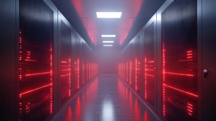 Red-lit server room corridor, data center, digital security