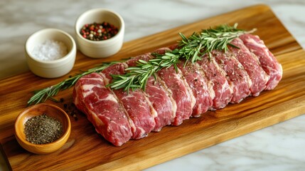Fototapeta premium Raw beef roast seasoned with salt, pepper, and rosemary on a wooden cutting board.