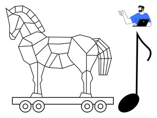 Geometric horse on wheels rendered in black lines, a large musical note, character with laptop pointing. Ideal for strategy, creativity, tech, art, education music innovation themes. Abstract line