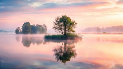 Fototapeta premium Serene Dawn A Solitary Tree on a Misty Lake Island Reflecting in Calm Waters at Sunrise