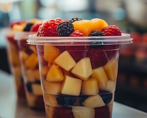 Fresh fruit salad in plastic cups.